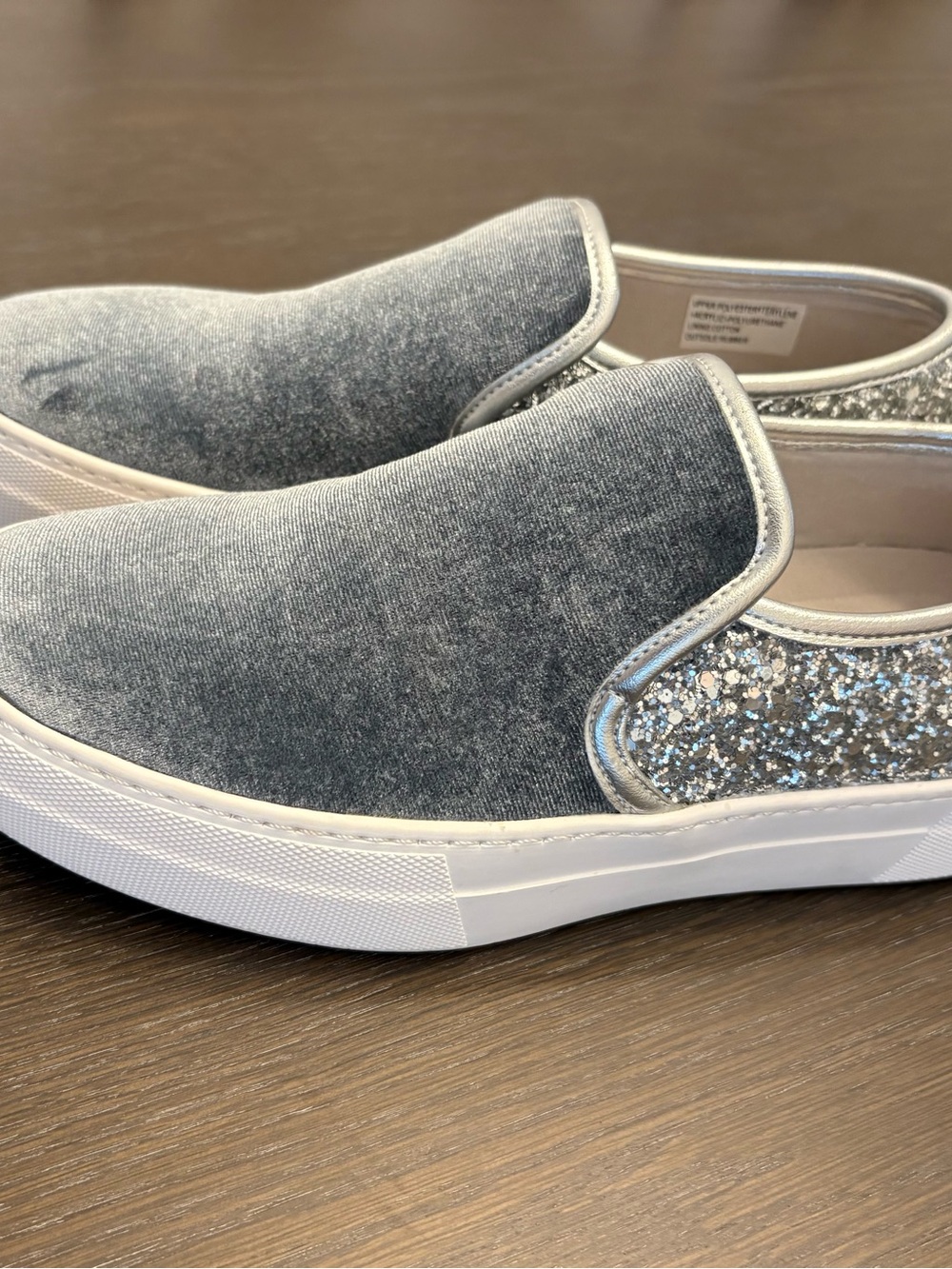 Aldo Silver Grey Velvet Slip-On Sneakers with Glitter Panel Size 7.5
